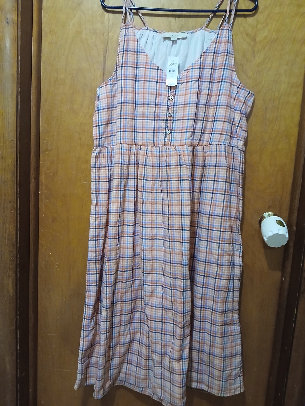 LOFT Orange and Blue Plaid Midi Sundress